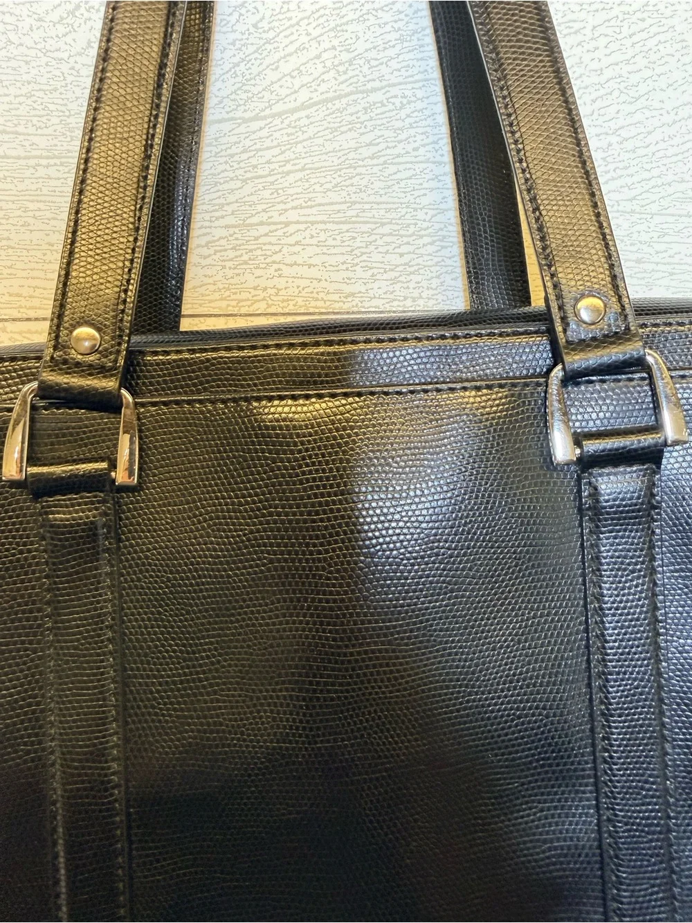 Diane Von Furstenberg Black Textured Leather Tote with Silver Buckles